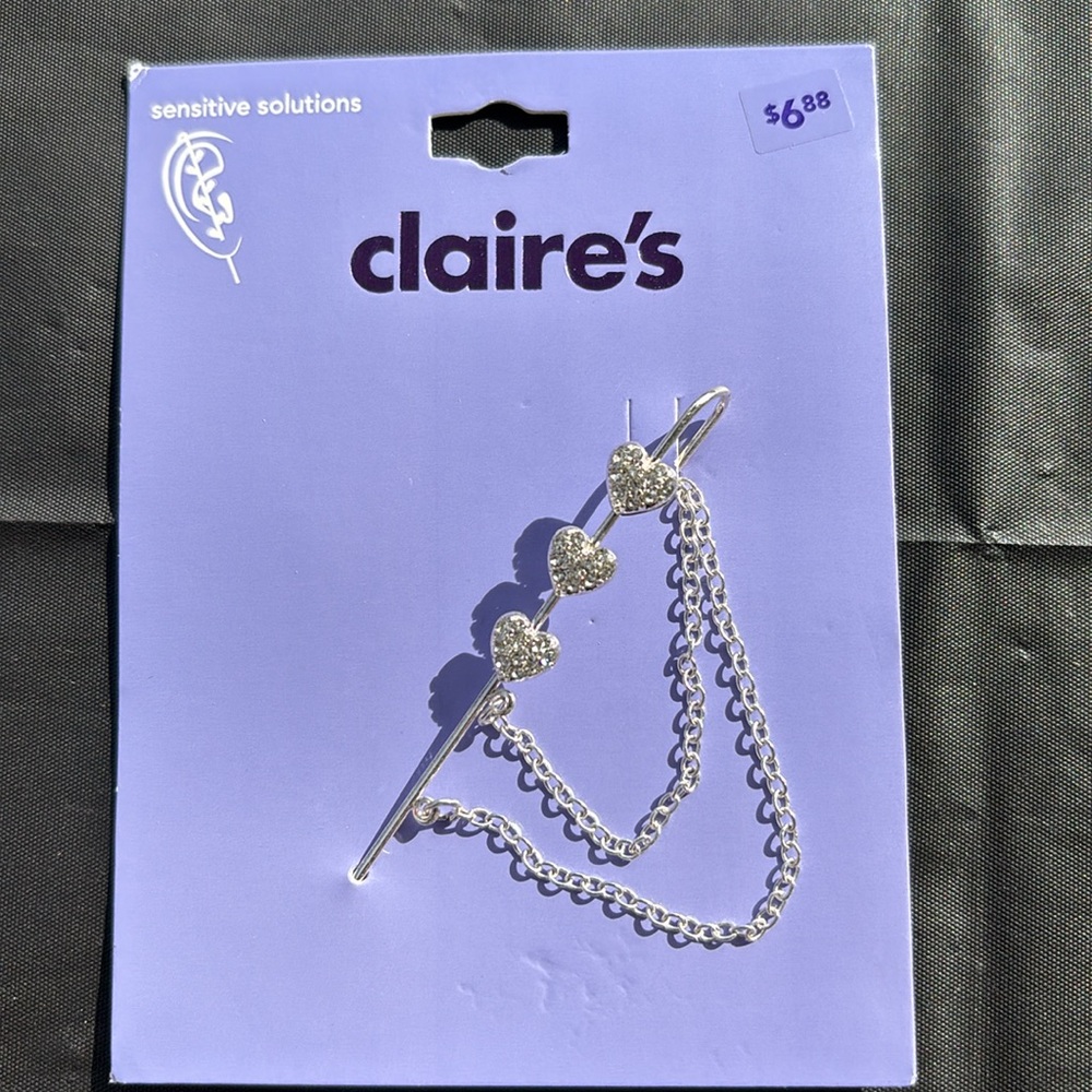 Claire's Silver Heart Chain Earring | Ear Bar | Silver bar for Ear Sparkle Heart